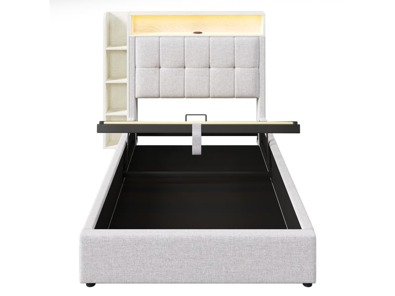  Lit coffre 90x200cm rangements ports usb-c intégrés, bande led, style minimaliste moderne, lin mdf, beige, sans matelas  - Conforama A