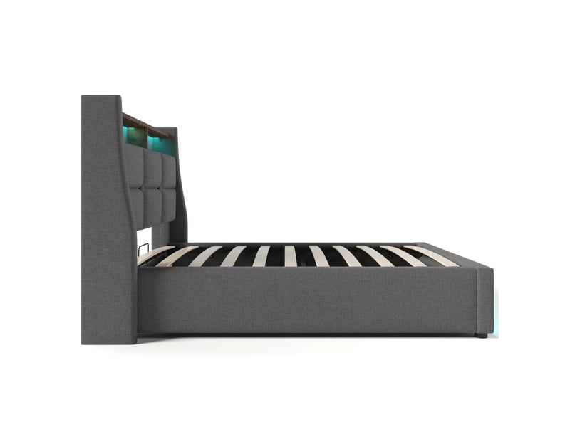  Lit coffre 90x200 cm lit simple 1 personne avec lumières led et 2 tiroirs, tête de lit réglable en hauteur, gris (avec matelas)  - Conforama R