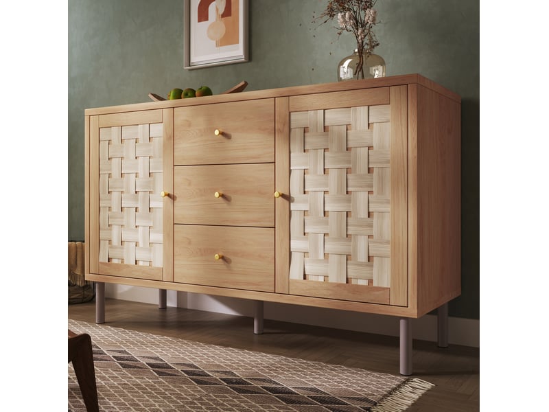  Buffet bas style campagne chêne 120 x 40 x 75 cm, 2 portes et 3 tiroirs  - Conforama C