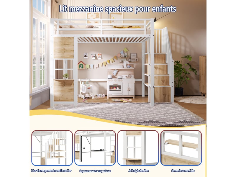  Lit mezzanine enfant 90x200 cm en métal et mdf avec escalier de rangement, fenêtre, étagères, garde-corps et espace de jeu, blanc  - Conforama E