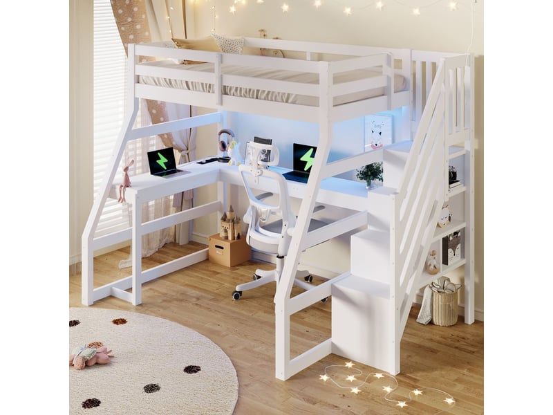  Lit mezzanine avec bureau 90 x 200 cm structure en bois bureau intégré éclairage led port usb finition blanche  - Conforama B