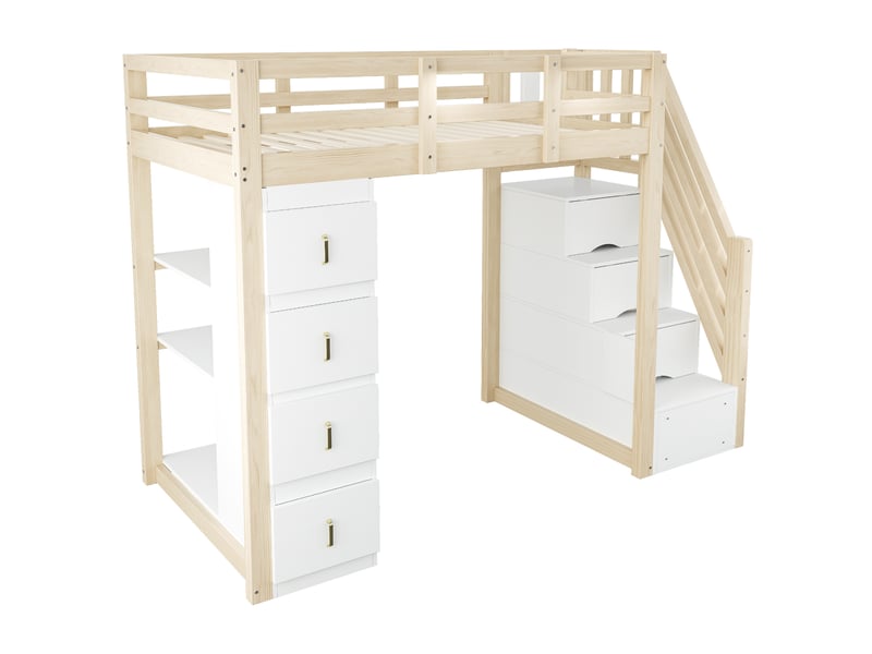  Lit mezzanine enfant 90x200 cm – bois naturel – 4 tiroirs, étagère et échelle avec rangement - sans matelas  - Conforama D