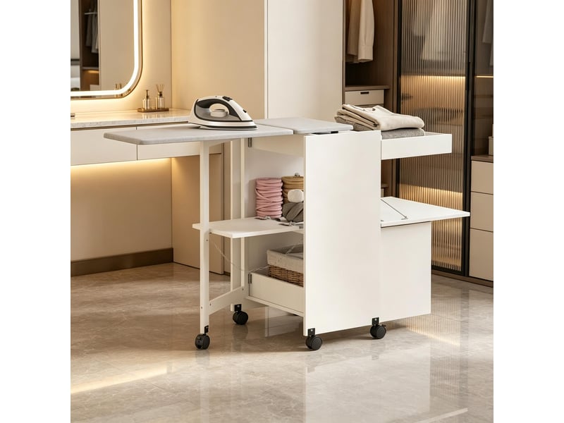Meuble table à repasser pliable sur roulettes, portes push, charnières à fermeture douce - Conforama E