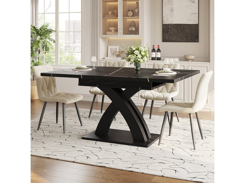 Table à manger extensible rectangulaire 120-160 x 80 cm, mdf et métal, noir, avec piètement croisé - Conforama D