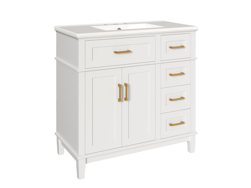 Meuble vasque salle de bain blanc 90 cm avec lavabo céramique intégré, tiroirs silencieux et portes doubles  - Conforama E