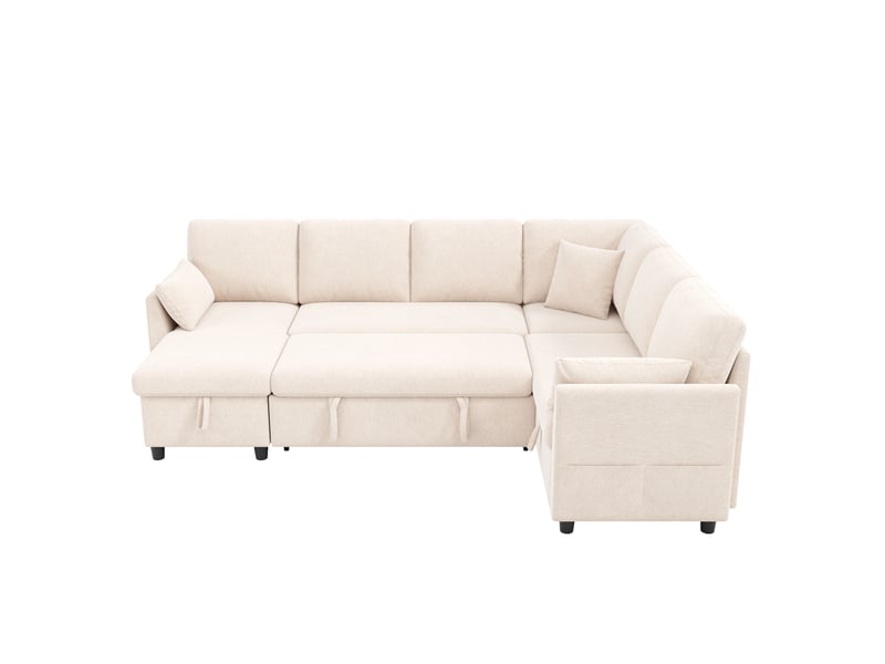  Canapé convertible d'angle en lu,255x196x85cm,canapé-lit modulable 6 places avec chaise longue,rangement,usb et type-c,tissu lin,beige  - Conforama A