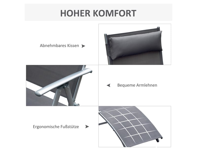  Bain de soleil dossier réglable 7 positions pliable coussin charge maximale 165 kg gris  - Conforama E