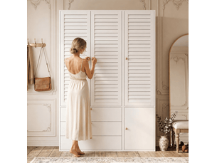 Armoire 3 portes à lamelles 135 x 50 x 200 cm, 3 tiroirs, blanche avec penderies