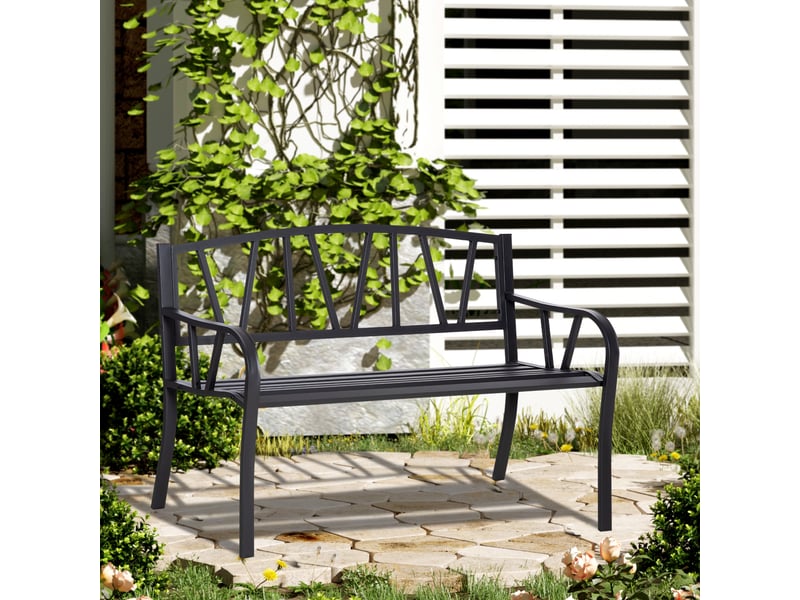 Banc de jardin en métal noir imperméable, banc d'extérieur 2 places en fer, 128 x 56 x 86 cm - Conforama B