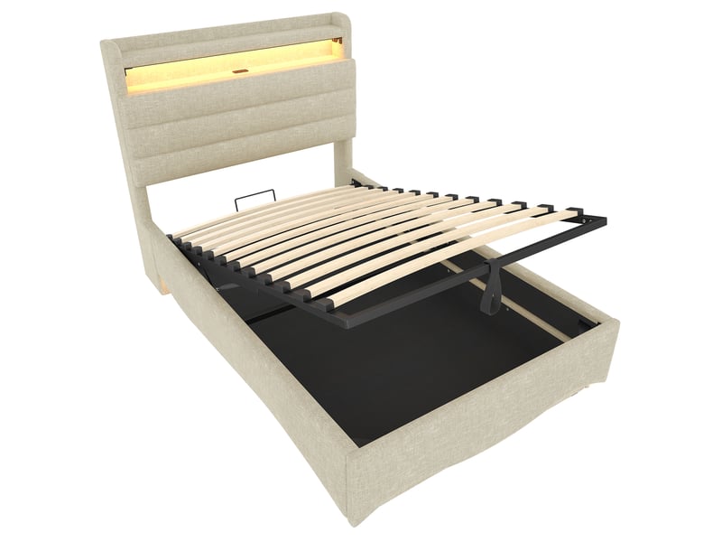  Lit coffre 90x200 cm style minimaliste avec éclairage led pilotable, ports usb et type-c, lin, beige, sans matelas  - Conforama E