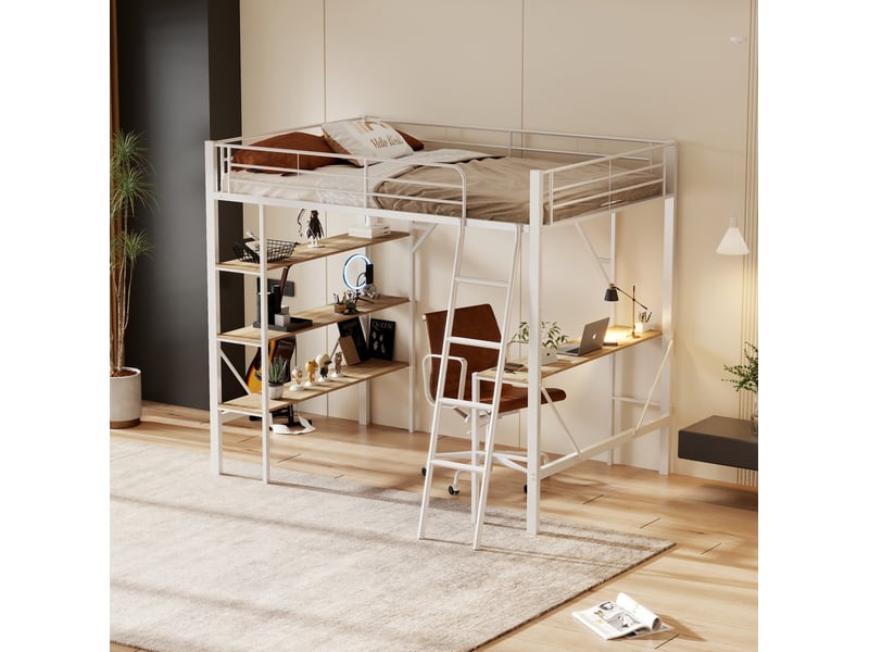  Lit mezzanine 90x200 cm en métal avec bureau et 3 étagères, blanc, pour enfants et adultes  - Conforama D