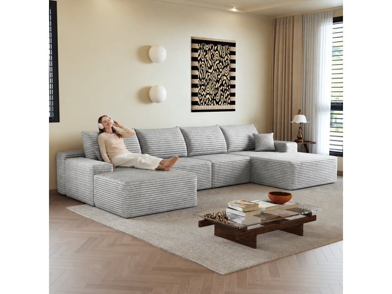  Canapé d'angle avec méridienne, modulable 5 places, assise profonde, 340 cm, gris  - Conforama B