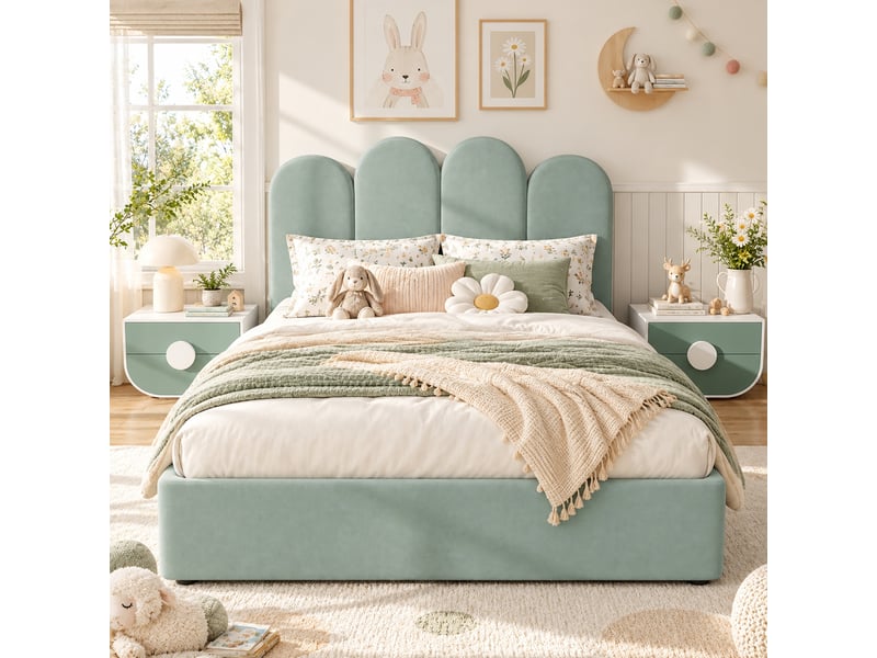  Lit double 140x200 cm, 4 tiroirs, tête de lit arquée en velours, lattes en contreplaqué, vert clair sans matelas  - Conforama D