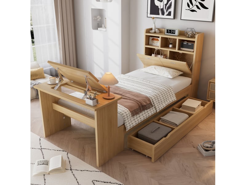  Lit enfant simple 90x200 cm, rangement, table rabattable, tête de lit rangement, structure bois, naturel, sans matelas  - Conforama D