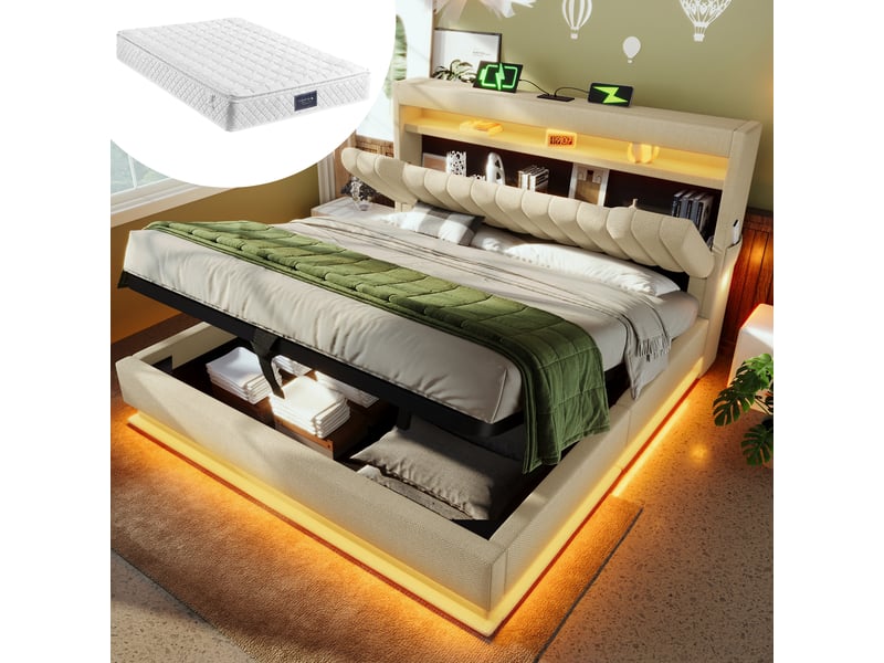  Lit coffre,160x200 cm,avec led et matelas,lin,beige  - Conforama B