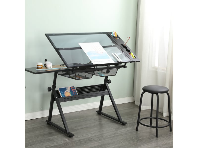  Table de dessinimpression en verre trempé réglable, noir, 98x60 cm, mdf + métal, design moderne, rangement pratique  - Conforama A