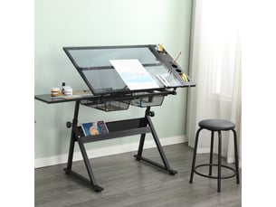 Table de dessinimpression en verre trempé réglable, noir, 98x60 cm, mdf + métal, design moderne, rangement pratique