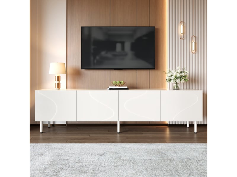  Meuble tv moderne lowboard salon 4 portes push-to-open, lignes 3d et courbes, pb et mdf, pieds cylindriques métalliques  - Conforama B