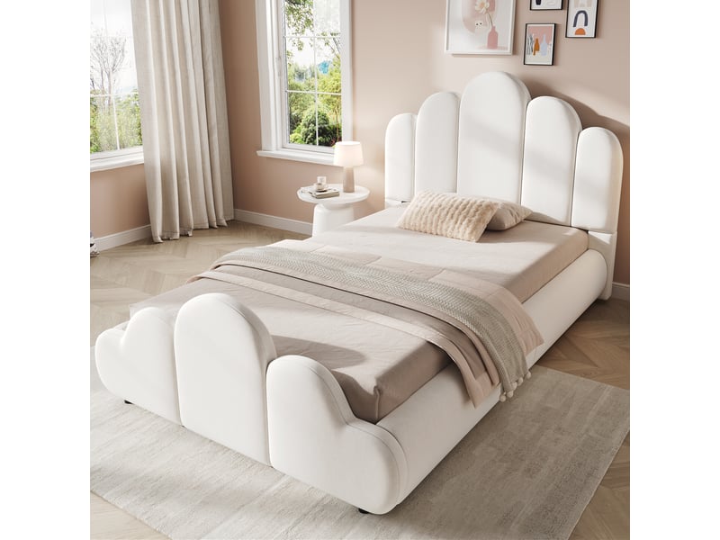 Lit enfant 90x200 cm – design nuage avec coins arrondis et sommier à lattes – velours – beige CozyNest - Conforama B