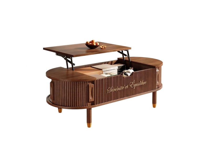  Table basse relevable ovale avec portes coulissantes et pieds en bois d'hévéa, 110x48x57cm, noyer  - Conforama A
