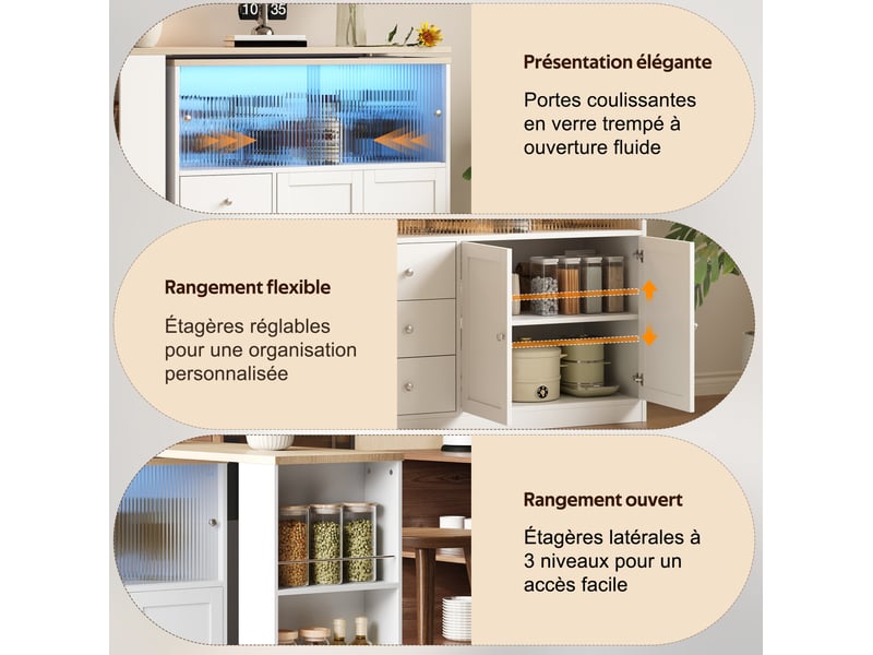  Îlot de cuisine plateau extensible avec 3 tiroirs et 4 portes 172x40x96 cm, roulettes verrouillables, pivotant en mdf c  - Conforama D