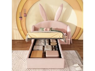 Lit enfant rembourré 90x190 cm avec rangement et table de chevet, tête de lit oreilles de lapin, lit et ado en velours, rose (sans matelas)