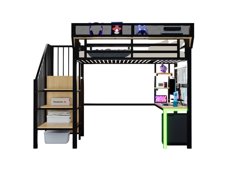 Lit mezzanine 90x200 cm, lit enfant, led, bureau, rangement, charge, échelle, garde-corps, métal+mdf, noir sans matelas  - Conforama A