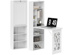 Bureau d'ordinateur pliable avec bibliothèque, poste de travail, tableau blanc et étagère réglable, 98x51x153cm, blanc