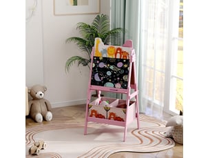 Chevalet enfant 2 en 1 avec tableau blanc et ardoise, 2 bacs de rangement en bois rose, 53,5 × 49 × 113 cm