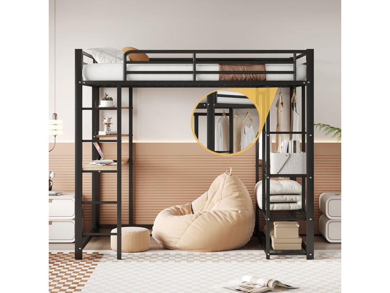  Lit mezzanine avec bureau 140x200cm penderie et étagères de rangement - lit mezzanine - métal noir 2 places gain de place  - Conforama D