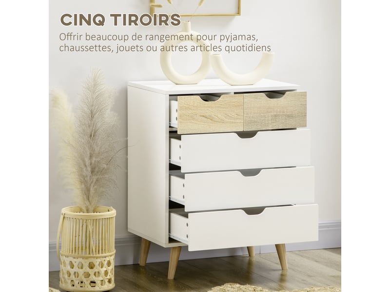  Commode 5 tiroirs meuble de rangement 4 pieds biseautés - bois, 60 x 40 x 77,5 cm, blanc  - Conforama E