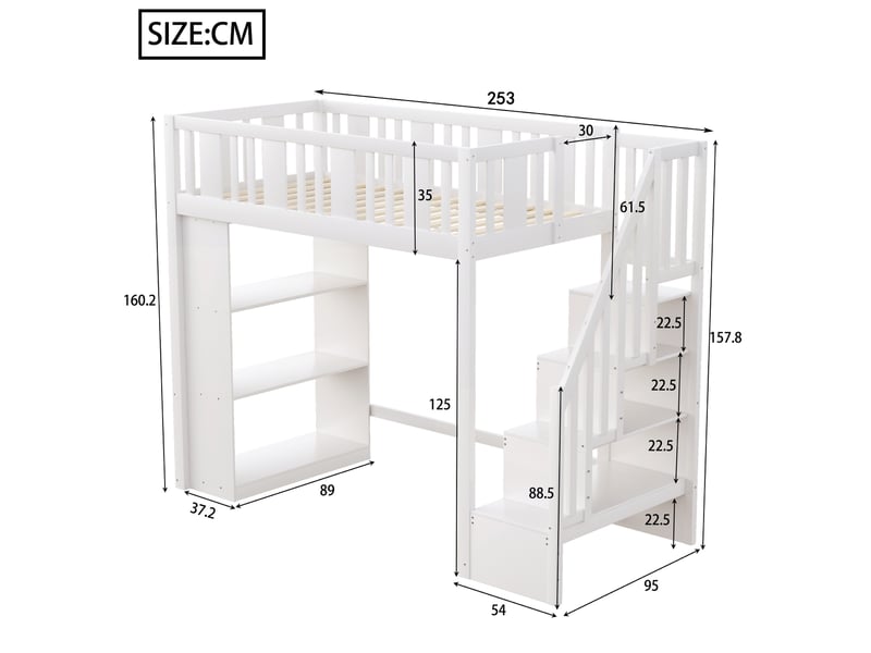 Lit mezzanine enfant 90x200 cm – blanc – escalier de rangement, 3 niches intégrées, 15 lattes - sans matelas - Conforama C