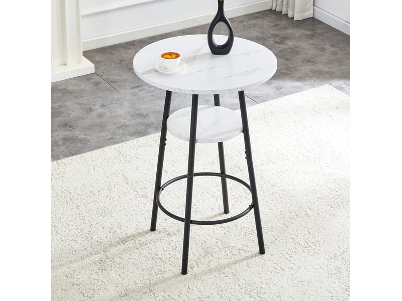 Table de bar, 60x60x89 cm, double espace de rangement et effet marbre, plateau mdf, piètement métal, coloris noir - Conforama E