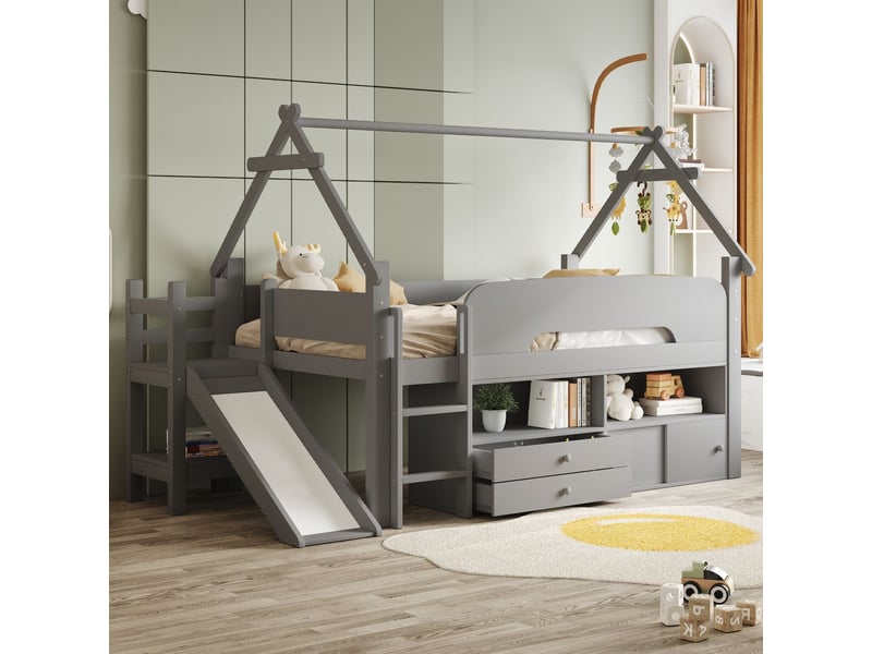  Lit enfant 90x200 avec toboggan, tiroirs et rangement - lit combine enfant - bois massif gris, forme de toit, espace jeu sécurisé  - Conforama A