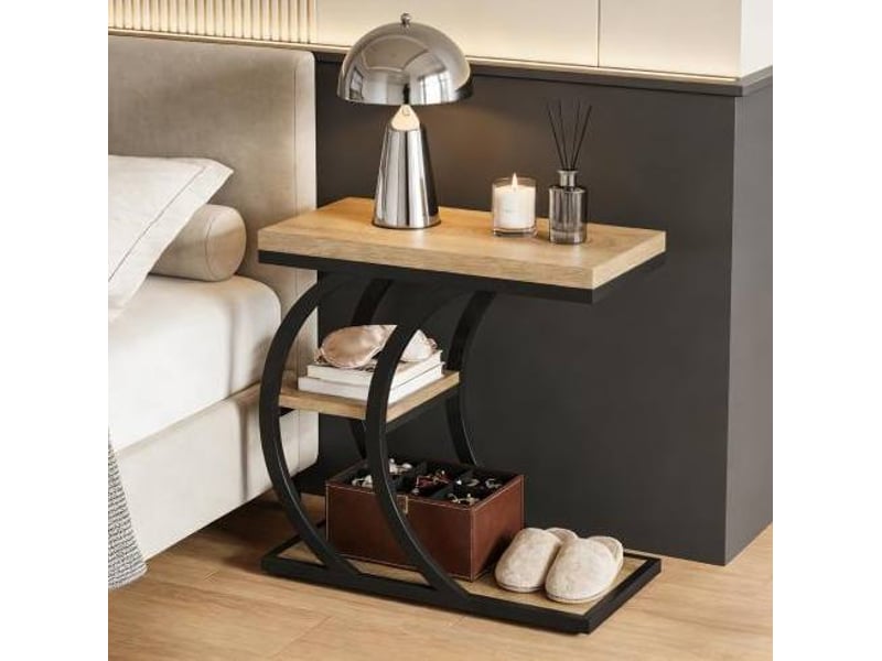  Table d'appoint 60x30x60 cm en forme de c métal et panneau de particules noir et marron  - Conforama B