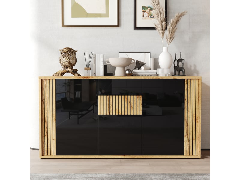  Buffet bas 140x35x71cm, 3 portes, façades ondulées brillantes et rangements fermés, noir et naturel ABC - Conforama E