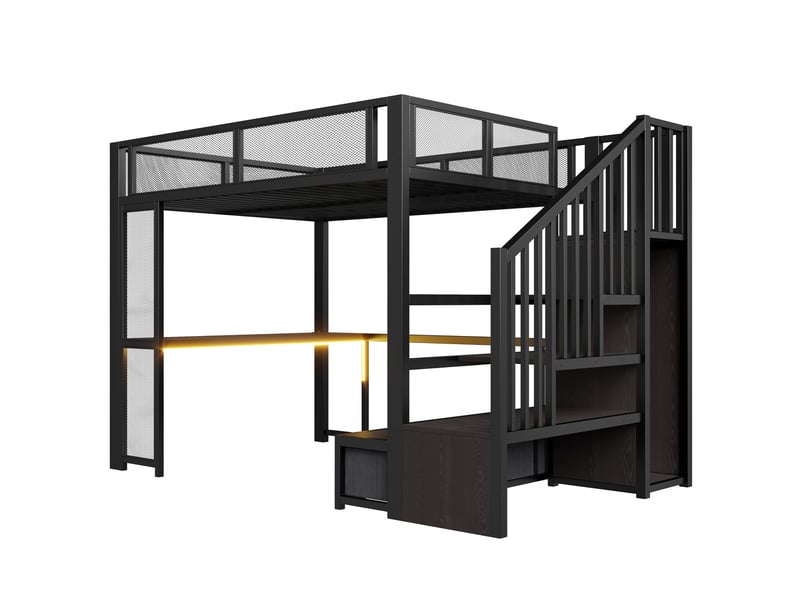  Lit mezzanine 140 × 200 cm, métal et mdf, bureau, penderie ouverte, escalier, 3 tiroirs, usb, led, noir, 251 cm  - Conforama E