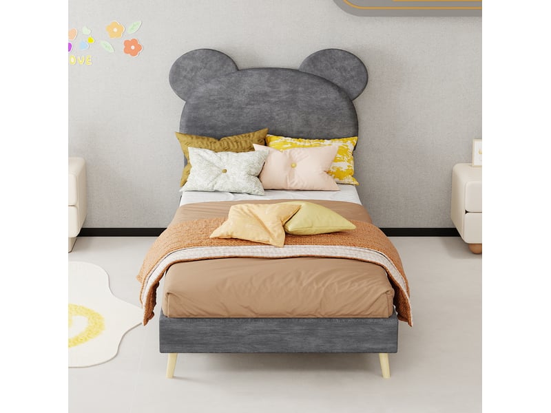  Lit enfant 90x200 cm gris en tissu et métal avec tête de lit motif cartoon  - Conforama D