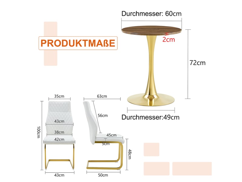  Ensemble table ronde et 2 chaises, table ronde 60 cm effet noyer, chaises blanches en similicuir motif losanges, piètement doré  - Conforama E