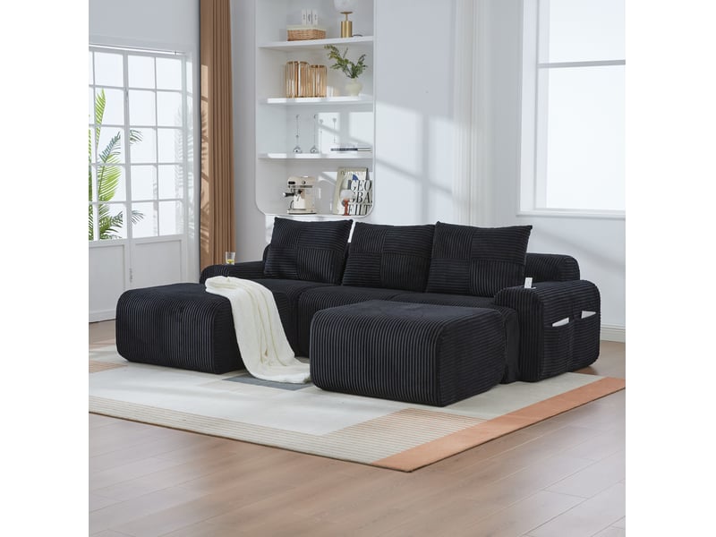  Canapé modulable 3 places 268x174x80 cm, 2 poufs porte-gobelet poche latérale assise large confort velours côtelé noir  - Conforama B