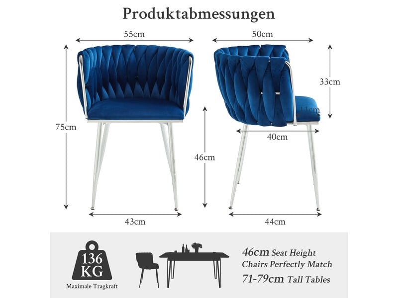  Chaise de cuisine 2 pièces en velours revêtement en velours tissu tissé style moderne pieds argentés  - Conforama C