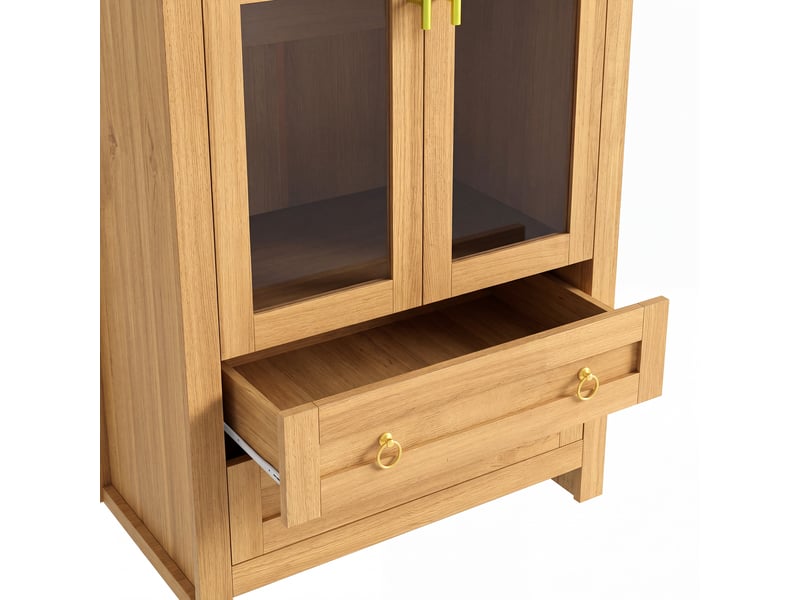  Armoire-penderie 76x50x185cm avec portes vitrées, tringle, 2 tiroirs et éclairage led multicolore, design incurvé - effet chêne  - Conforama D