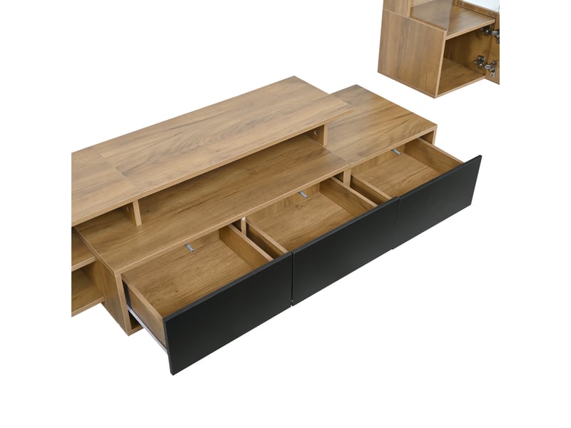  Ensemble meuble tv 3 pièces naturel et noir, led, meuble 180 cm à 3 tiroirs, vitrine et étagère Fay Lum - Conforama E