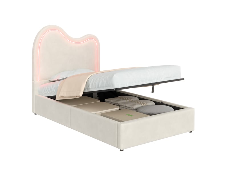  Lit coffre enfant 90x200 cm, lit simple rembourré avec rangement hydraulique, sommier à lattes, tête de lit rembourrée, velours beige evarich - Conforama A