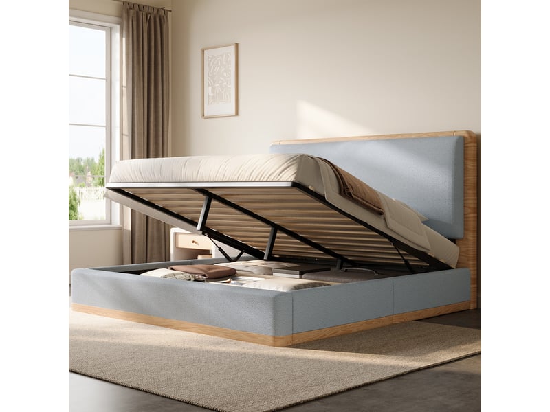 Lit coffre rembourré 180x200 cm - rangement coffre - tête de lit rembourrée et sommier à lattes - mdf - gris+naturel (sans matelas) - Conforama R