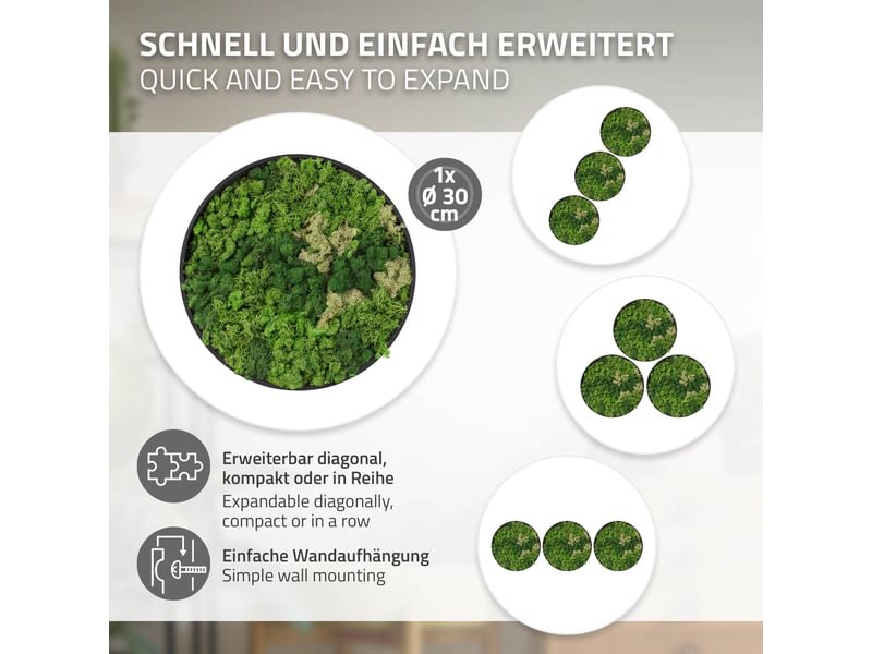 Ecd germany tableau en mousse de renne stabilisée véritable, forme ronde ø 30 cm, vert, décoration murale végétale d'intérieur, cadre en mdf, sans arrosage ni entretien, effet 3d, pièce unique ECD Germany GmbH - Conforama D