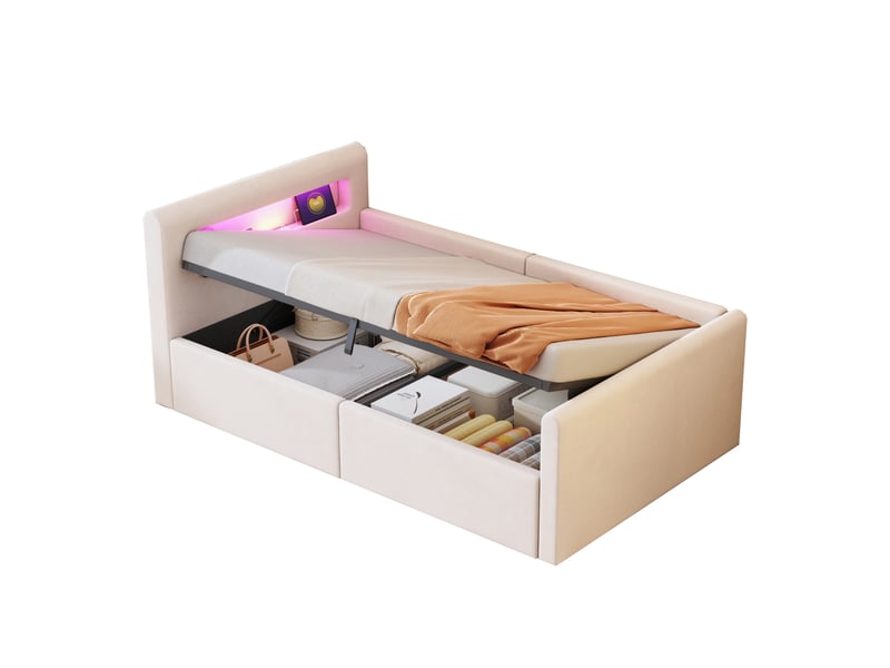  Lit rembourré en velours beige 90 x 200 cm  - Conforama A