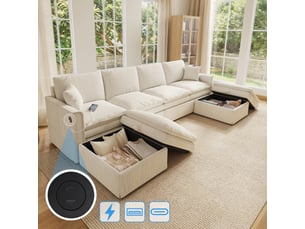 Canapé d'angle panoramique fixe <strong>STILVORA</strong> <strong></strong> 6 places Coton / Lin beige avec coffre de rangement