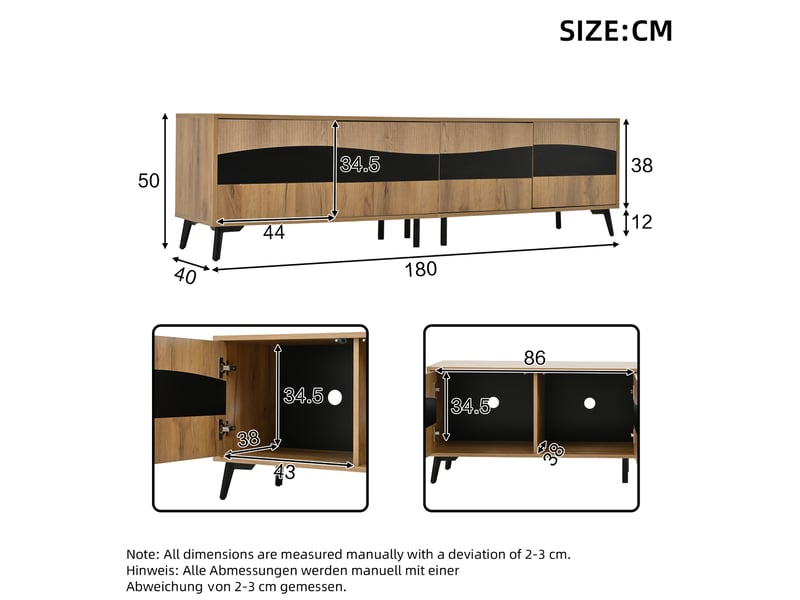  Meuble tv bas tcqpz 180 x 40 x 50 cm 4 portes panneaux de particules coloris naturel et noir compatible 75 pouces  - Conforama C