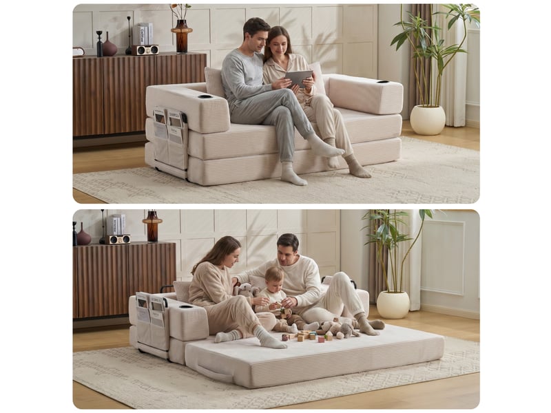  Canapé convertible 2 places 185x92.5x60 cm en velours côtelé blanc  - Conforama W